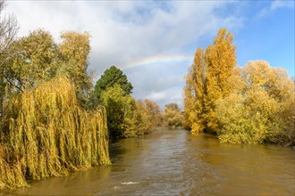Rainbow over a flooded river. Landscape in autumn. Bas-Rhin