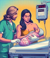 Illustration depicting mother and medical doctor