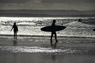 Surfer silhouette on the beach of Byron bay