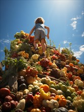 Back view of a small child climbing up a bountiful mountain of food piled high overflowing with fresh fruits and colorful vegetables. generative AI