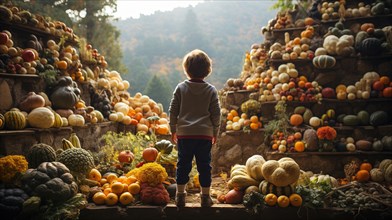 Back view of a small child standing amongst bountiful mountains of food piled high overflowing with fresh fruits and colorful vegetables. generative AI