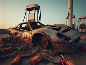 Crashed abandoned rusty expensive atmospheric car as circulation banned for co2 emission 2030 agenda dystopian concept ai generated