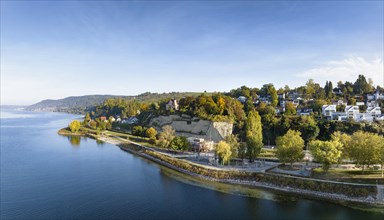 Aerial panorama of the lakeside park in the western part of the town of Ueberlingen on Lake Constance