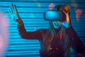 Surprised woman using virtual reality goggles during a simulation in an urban night space with neon lights