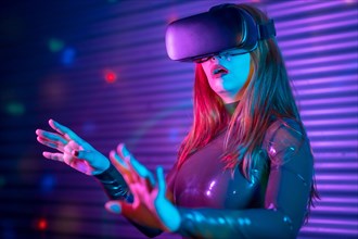 Futuristic world where a woman using VR goggles in an urban night space with neon lights