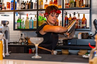Young bartender shaking a cocktail with shaker in the counter of a bar