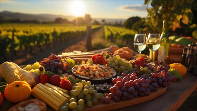 Bountiful display of agricultural abundance colorful vegetables and organic fresh fruits at harvest time outdoors amongst the country vineyards. generative AI