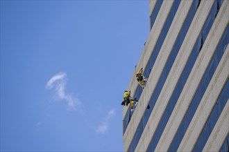 Window cleaner on a high-rise facade