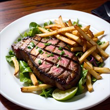 Steak with chips on a bed of salad