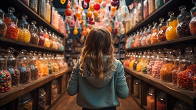 Back view of a small child walking amidst a bountiful display of glass candy jars at a market filled with endless varieties of colorful confections and an abundant selection of sweet treats. generativ...