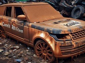 Crashed abandoned rusty expensive luxurious atmospheric 4 door powerful as circulation banned for co2 emission 2030 agenda dystopian concept ai generated