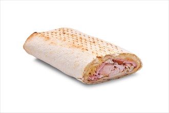 Shawarma with pork and beef ham and grated cheese isolated on white
