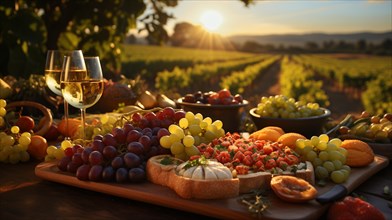 Bountiful display of agricultural abundance colorful vegetables and organic fresh fruits at harvest time outdoors amongst the country vineyards. generative AI