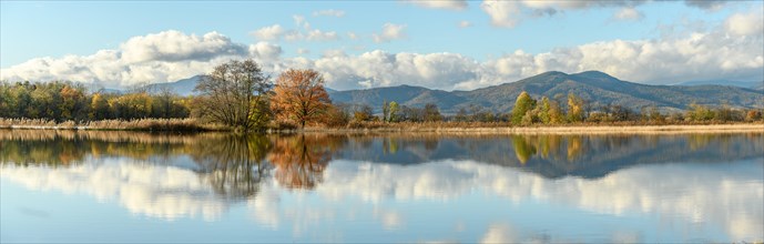 Flooded meadow after heavy rains. Autumn landscape. panoramic view