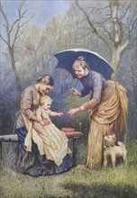 Mother with aunt and child in the garden on a Sunday afternoon