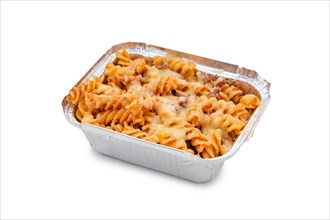 Mac and cheese with minced meat and mushrooms in foil container isolated on white