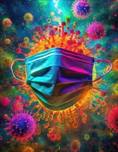 Psychedelic microworld scene of virus cells wearing protective mask as concept of germs mutations and evolution for adapting protection to modern medicine
