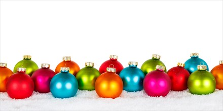 Christmas with colourful Christmas baubles panorama with text free space Copyspace decoration cropped in front of a white background in Stuttgart