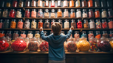 Back view of a small child walking amidst a bountiful display of glass candy jars at a market filled with endless varieties of colorful confections and an abundant selection of sweet treats. generativ...
