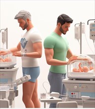 Illustration depicting couple of fit gay persons at the hospital neonatology paediatrics take care of newborn