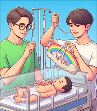 Illustration depicting couple of happy young persons at the hospital neonatology paediatrics take care of newborn