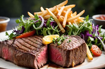 Steak with chips and salad