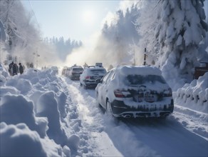 Cars stuck in a snow-covered road