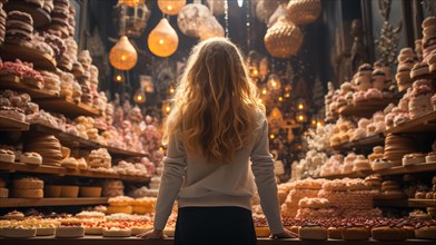 Young adult woman standing amid towering shelves of delicious pastries. generative AI