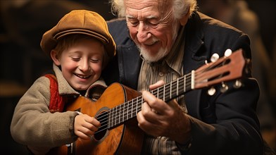 Elderly person playing a ukulele