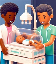 Illustration depicting medical staff people at the hospital take care of newborn baby at neonatology paedriatics ai generated
