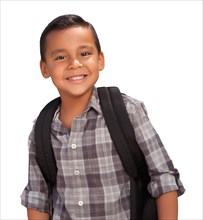 Happy young hispanic school boy wearing backpack isolated on a white background