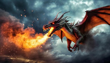 A fire-breathing dragon flies in the sky