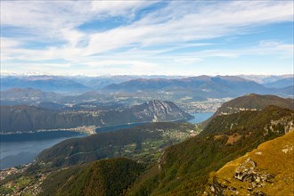 Aerial View over Beautiful Mountainscape with Snow Capped Mountain and Lake Lugano and City of Lugano in a Sunny Day From Monte Generoso