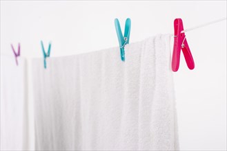Close up bath towel hanging clothesline