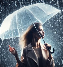 Fit business woman use umbrella under rain ai generated