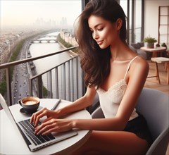 Beauty rendered young female model remote working with laptop at home in Paris