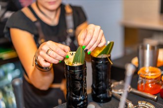 Cropped photo of the hands of a bartender garnishing and preparing modern cocktails in a dark glass