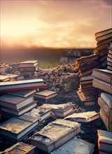 The cemetery of forgotten books with stacks of thrown textbooks in dramatic sunset light. Trash of burned science and knowledge