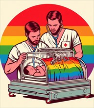 Illustration depicting gay medical staff people at the hospital take care of newborn baby