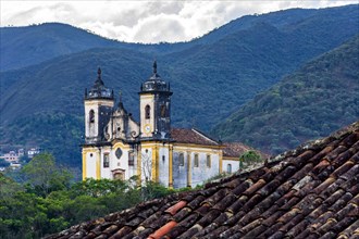 Old baroque church among the mountains in the city of Ouro Preto in Minas Gerais