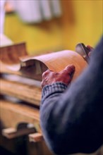 Wrinkled hands of senior Luthier artisan violin maker carve sculpt chisel ribs of a new classical model cello in workshop Cremona Italy