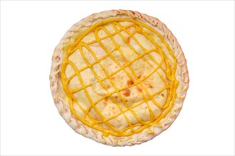 Top view of round closed pizza with chicken and mustard sauce isolated on white
