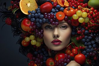 A woman wears a hat made of fruits such as grapes