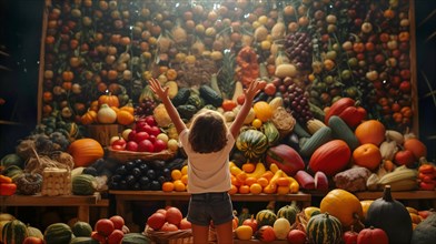 Small child reaching up toward a bountiful mountain of food piled high with endless fresh fruits and abundant colorful vegetables. generative AI