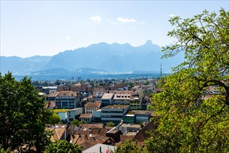 Aerial View over City of Thun with Mountain in a Sunny Day in Bernese Oberland