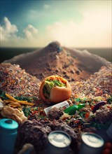 Food waste concept. View to a wasteland with huge heaps of garbage