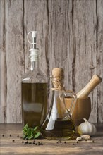 Close up bottles organic olive oil
