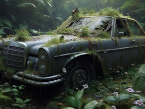 Abandoned rusty expensive atmospheric deluxe sedan car limo as circulation banned for co2 emission 2030 agenda