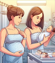 Illustration depicting mothers at the hospital take care of newborn baby ai generated