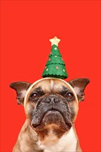 French Bulldog dog wearing Christmas tree headband on red background